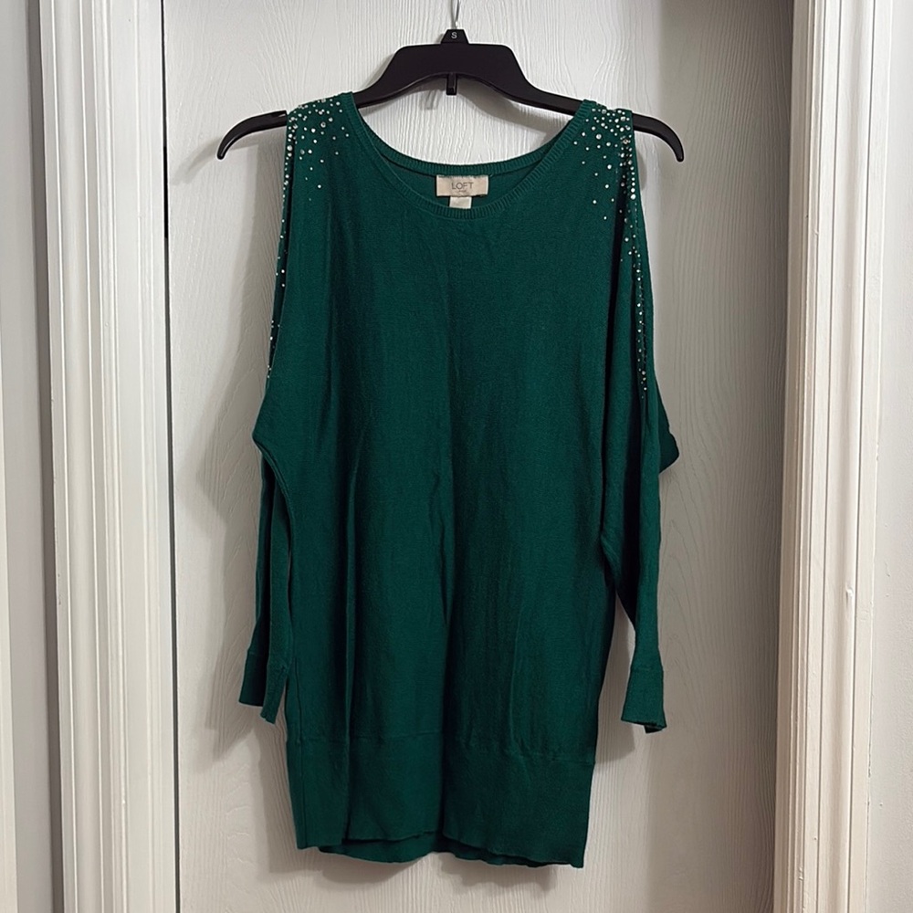 LOFT Green Off-the-Shoulder Sweater Relaxed Knit